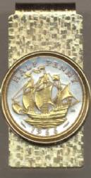 British 1/2 penny Sailing ship Money Clip