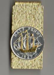 British 1/2 penny Gold & silver Sailing ship Money Clip