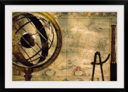 Spyglass and compass with old map and globe