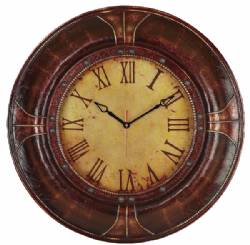 Round Wall Clock in Leather on Wood
