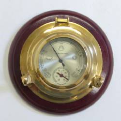 Porthole Barometer And Thermometer on Wood Base